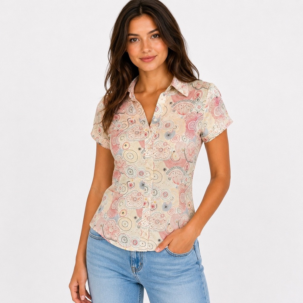 Rampage Satin Button Up Blouse S Multicolor Geometric Dot Print Short Sleeve Y2K